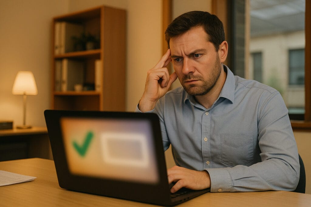 Employee looking suspiciously at a fake CAPTCHA checkmark prompt on a laptop screen